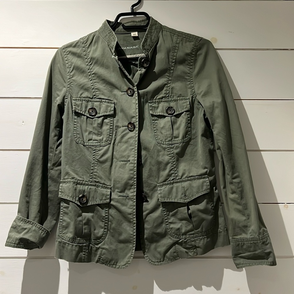 Khaki green , light canvas cotton jacket . Like new , gorgeous quality